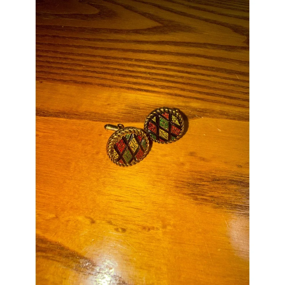 Sarah Coventry Vintage Harlequin Enamel Gold Tone Rope Border Cufflinks Mens